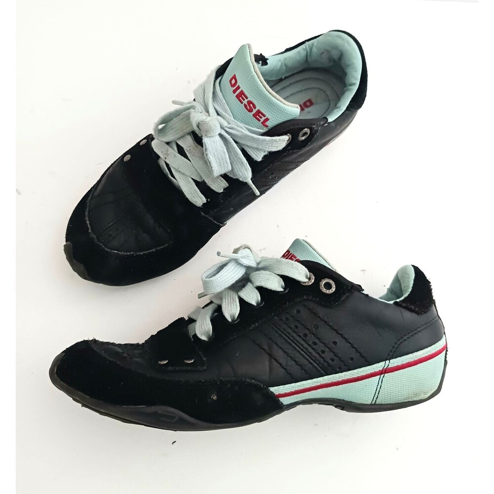VTG Diesel Rykker Trainers Y2K Blk Leather /Suede Lt Blue Low Profile 36.5 / 6.5